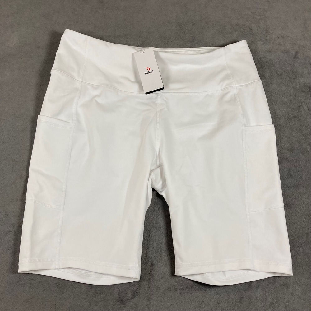 Baleaf Womens White High Waisted Biker Shorts XL Side Pockets Athletic Yoga Gym